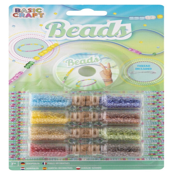 Åtte små flasker med hobbyperler og tråd